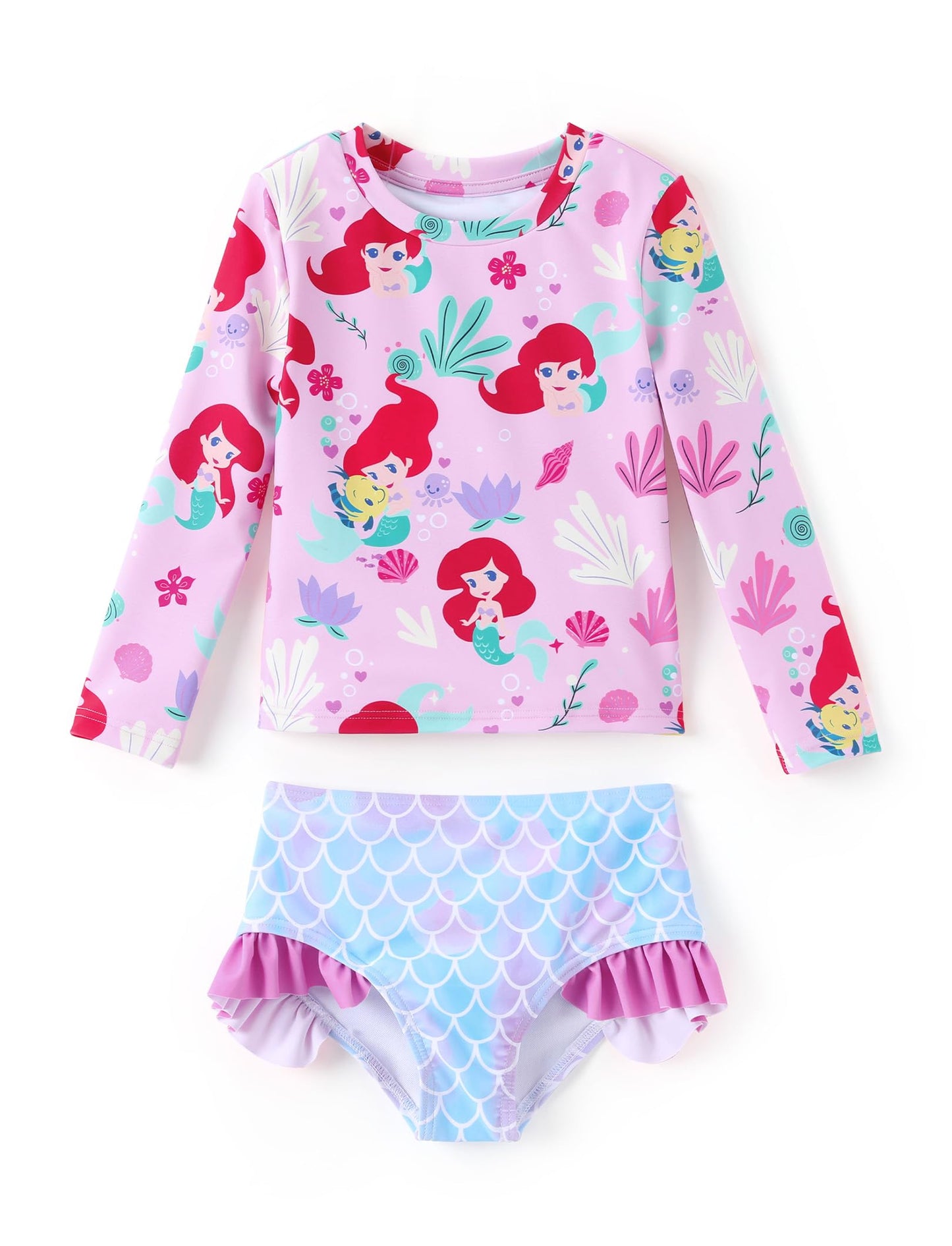 Disney Mickey and Friends Girl Two Piece Long Sleeve Swimsuit Rashguard Bathing Suit