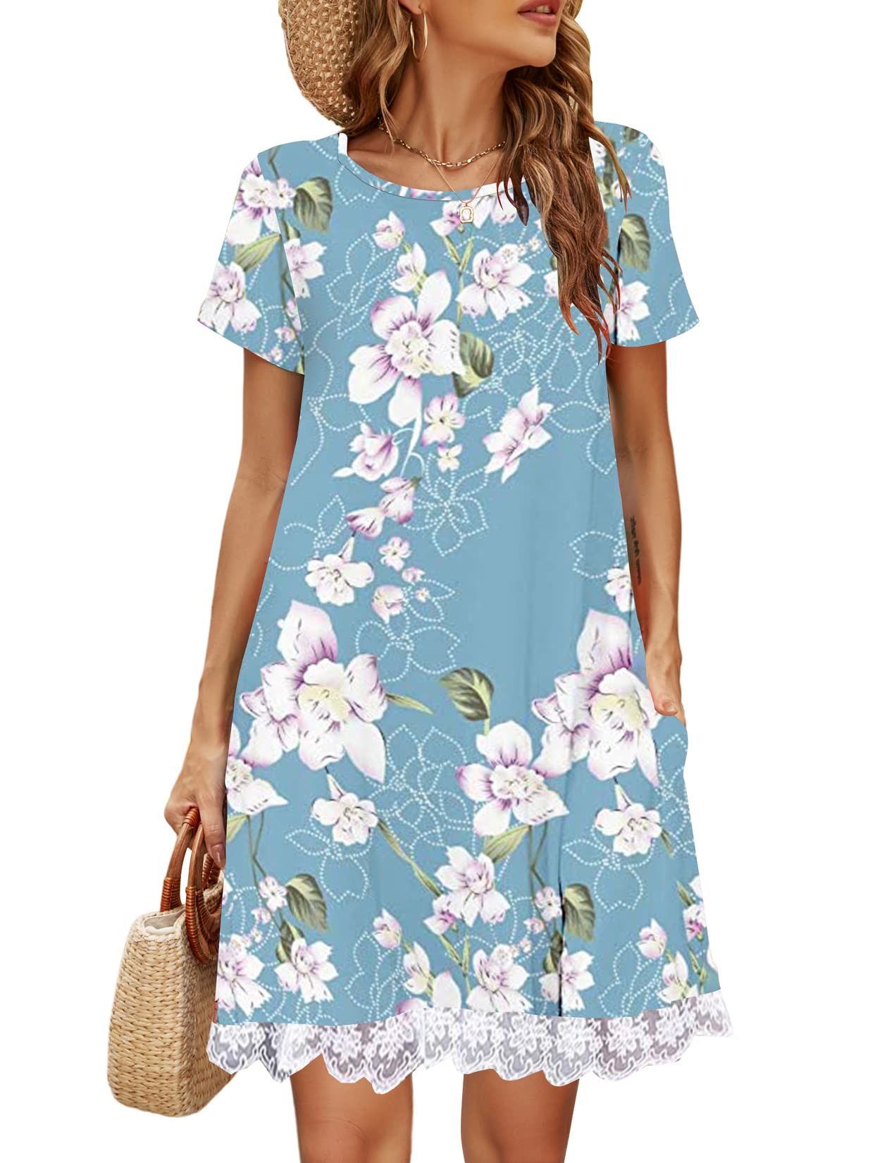 Halife Womens Summer Casual Tshirt Dress Loose Lace Hem Short Sleeve Beach Sundresses with Pockets