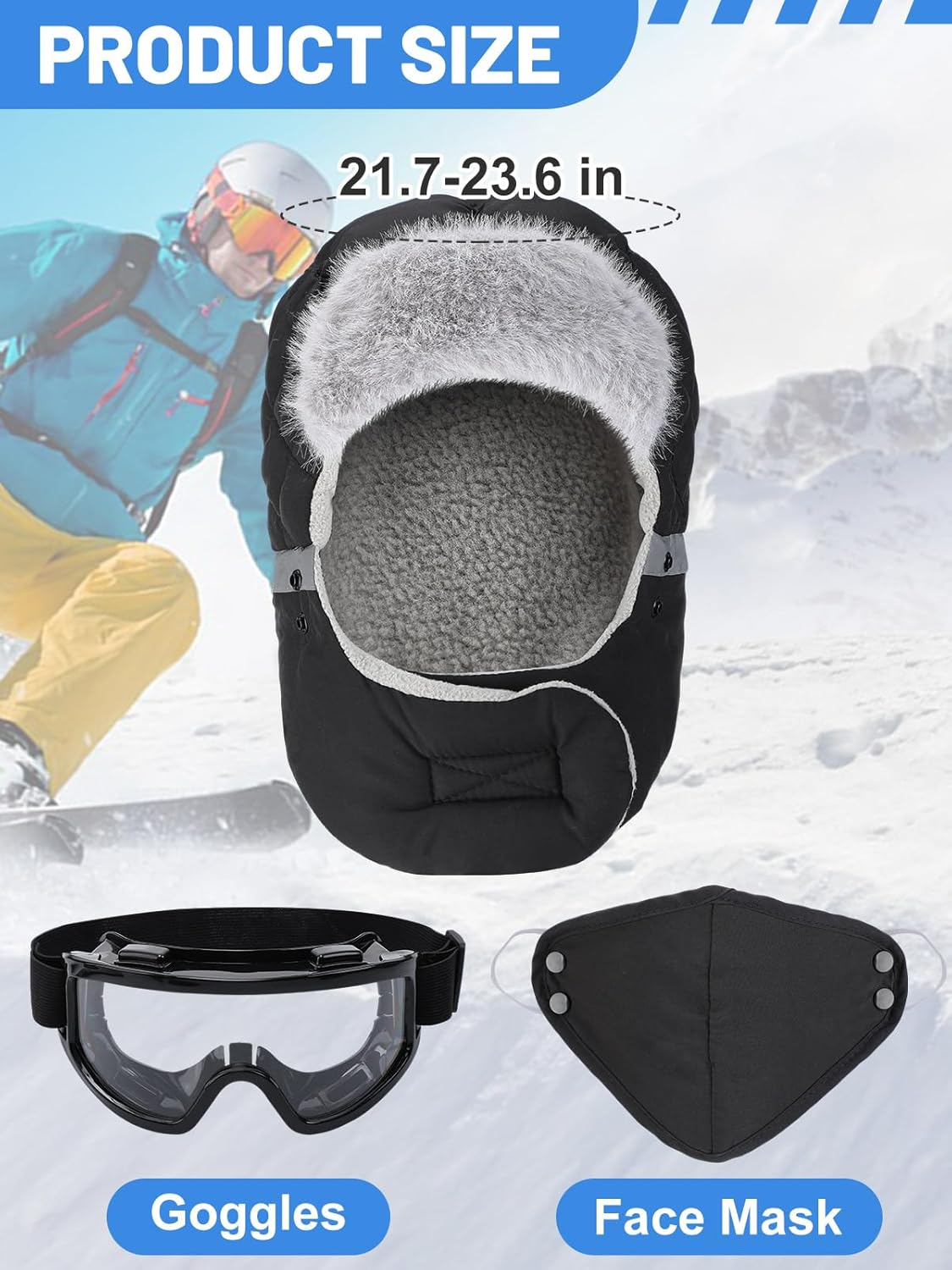 Winter Trapper Hat for Men - Windproof Warm Fleece Men's Hat with Removable Face Mask Goggles Ear Flaps, Christmas Winter Gift Black