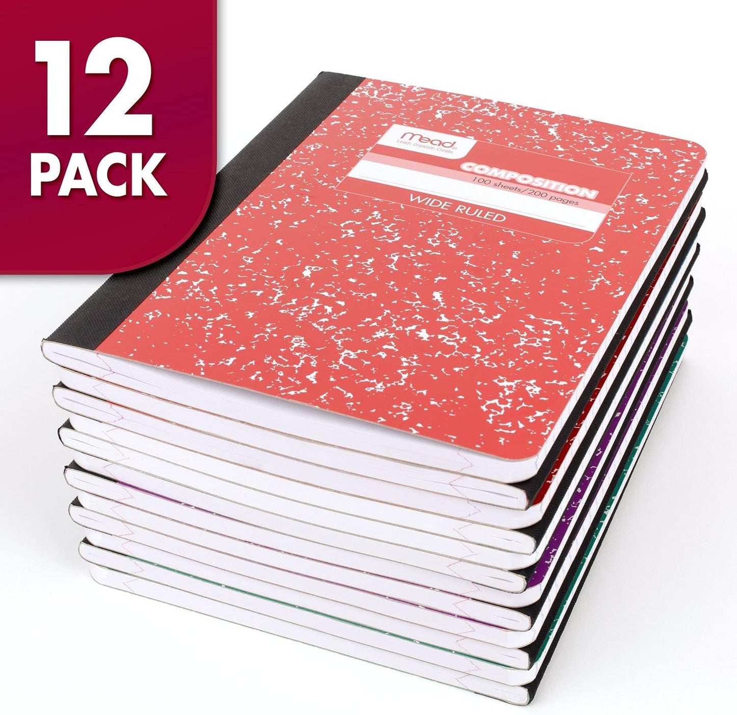 Mead Composition Notebook, Wide Ruled Paper, 7-1/2" x 9-3/4", 100 Sheets, Assorted Colors, 12 Pack (73389)
