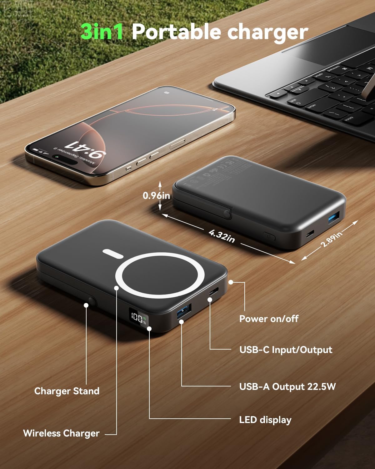 for Magsafe Battery Pack 10000mAh Power Bank with Foldable Stand Portable Charger, PD 22.5W Fast Charge, Dual USB-C & USB-A Outputs, Wireless Charger for iPhone 16/15/14/13/12 Series–Black