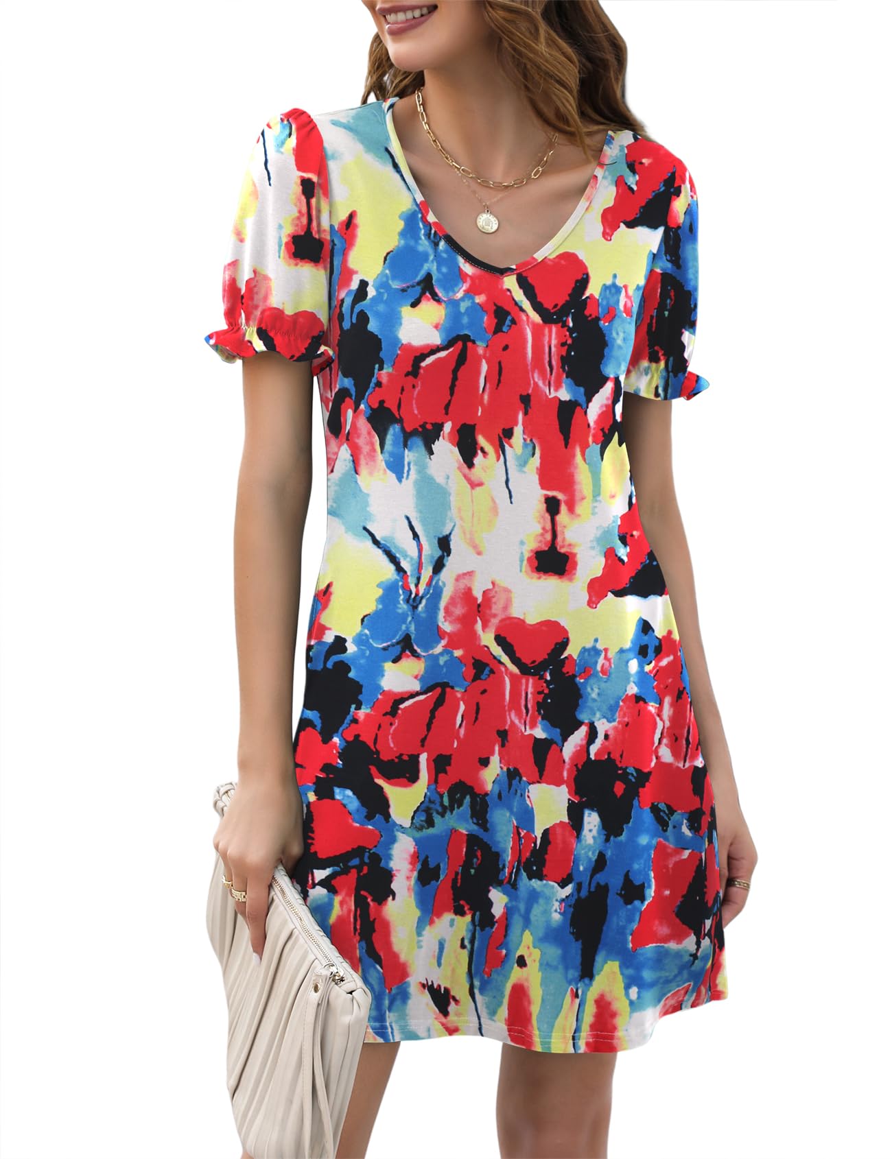 Halife Womens Summer Dresses Casual Puff Short Sleeve V-Neck T Shirt Dress with Pockets