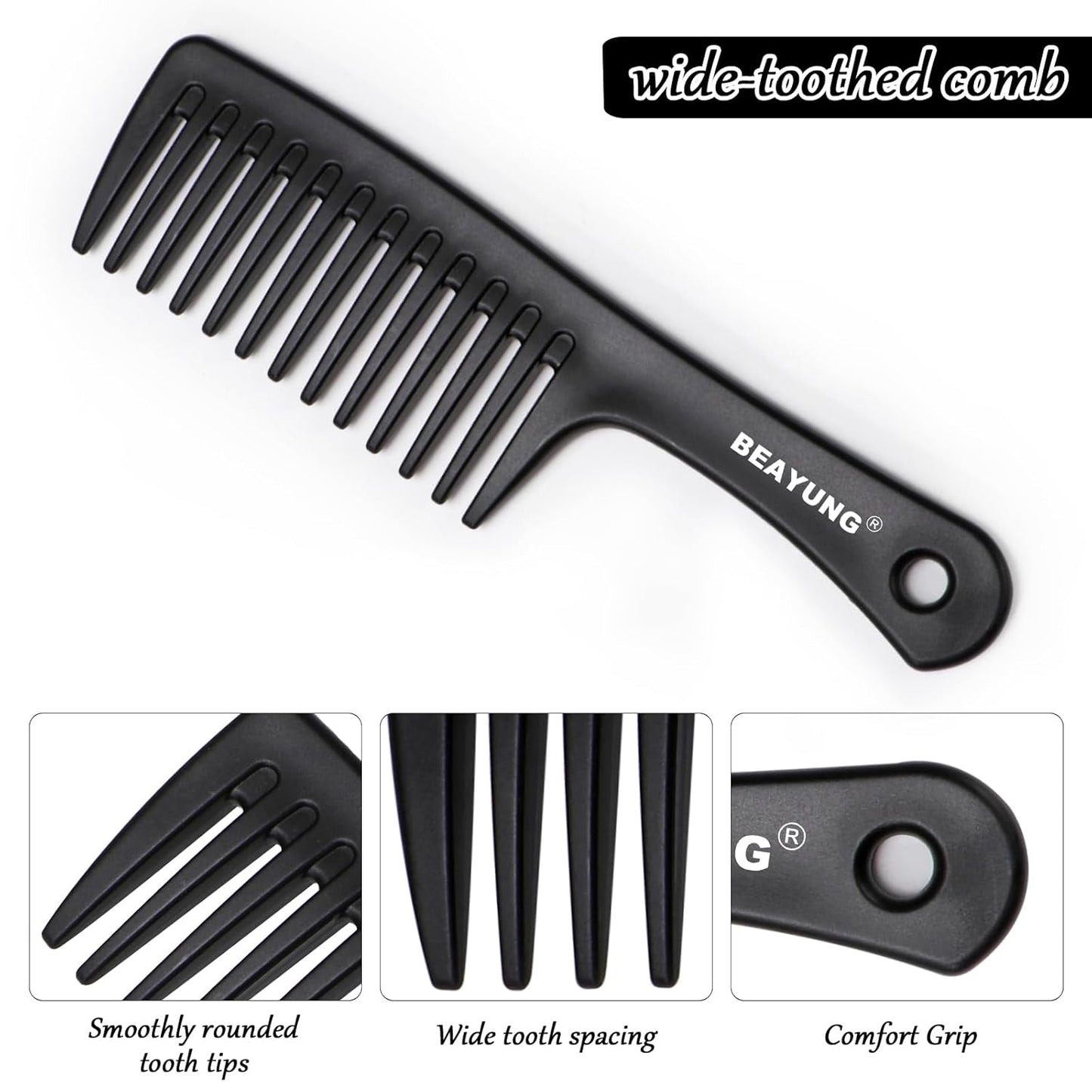 2PCS Large Wide Tooth Comb, Shower Combs, Hair comb for wet curly hair, Durable Hair Brush for Best Styling and Professional Hair Care(2Black)