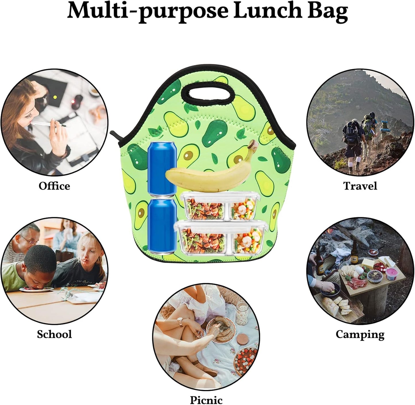 Neoprene Lunch Bag for Kids, Insulated Lunch Box Tote for Women Men Adult Teens Boys Teenage Girls Toddlers (Avocado)