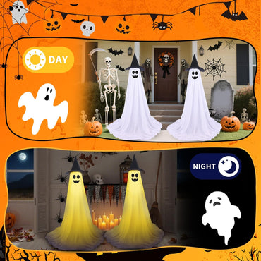 Halloween Decorations Outdoor Ghost Kit - 2 Pack DIY Halloween Decor Spooky Ghost Decor with 50 LED Lights Battery Operated,Hat,for Outdoor Indoor Porches Yards Gardens Lawn (Warm White)