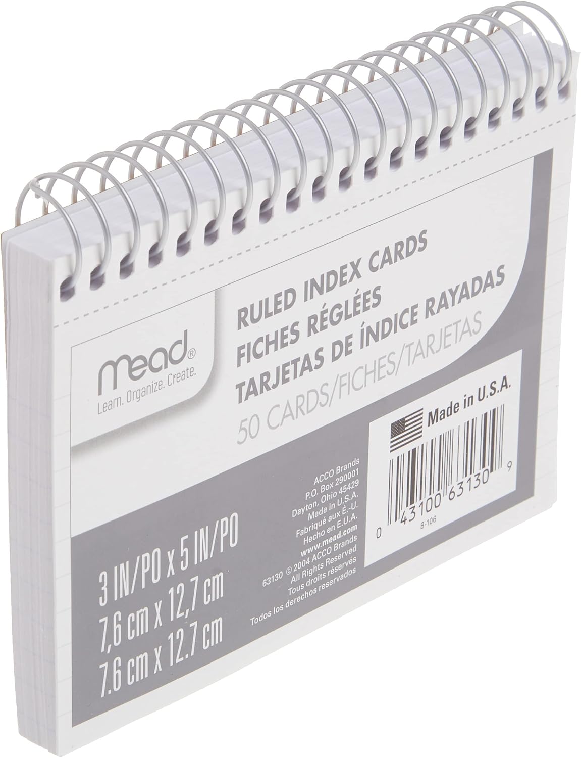 Mead Index Cards, Spiral, Ruled, 3" x 5", White, Blank Back, 50 Cards per Pack, 1 Pack (63130)
