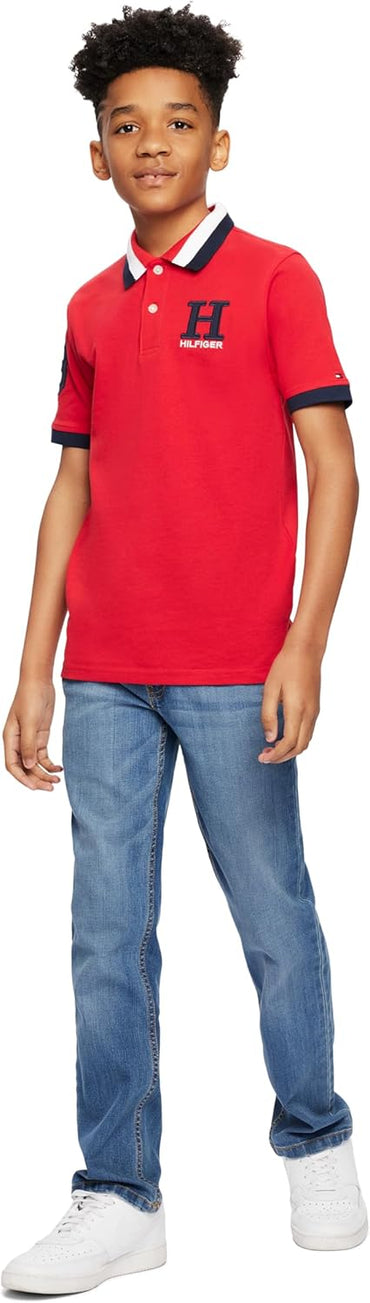 Tommy Hilfiger Boys' Short Sleeve Premium Pique Polo Shirt, Button Closure, Soft & Comfortable