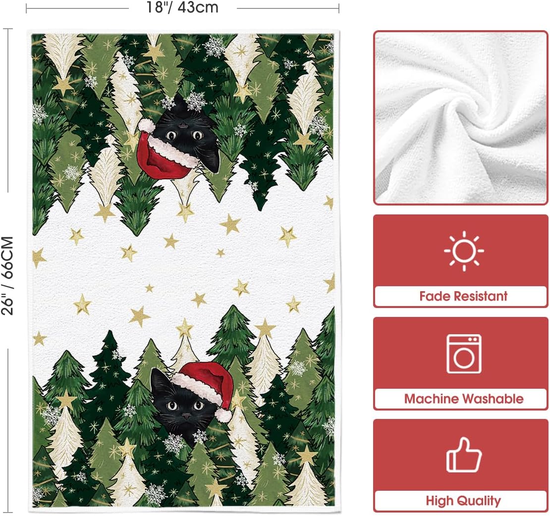 Artoid Mode Black Cat Star Xmas Tree Christmas Kitchen Towels Dish Towels, 18x26 Inch Farmhouse Holiday Winter Decoration Cleaning Set of 2