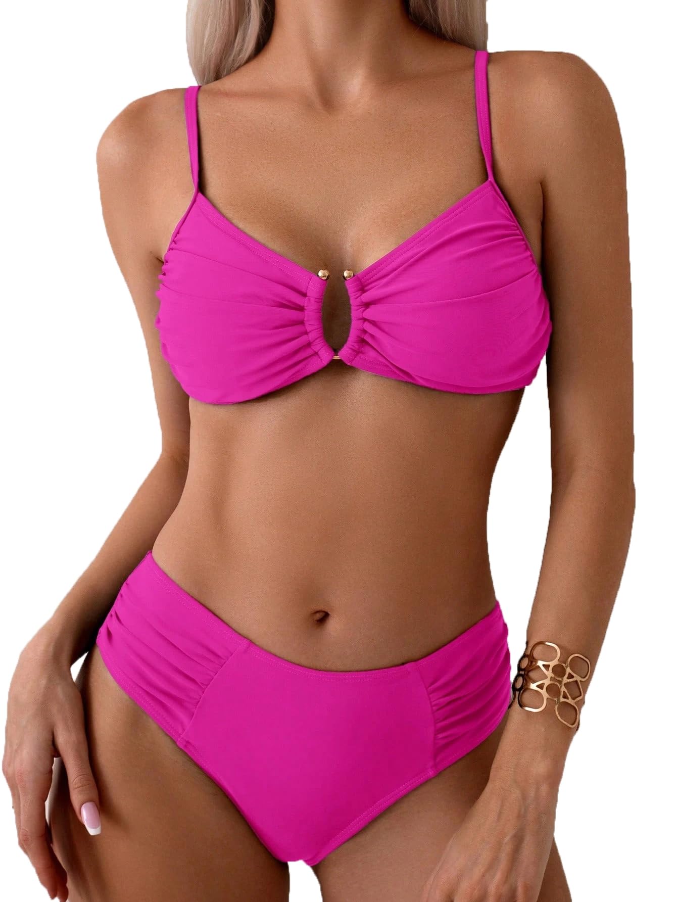 Limeeke Women's Ruched Bikini Sets Mid Waist Two Piece Swimsuit Adjustable Straps Bathing Suit