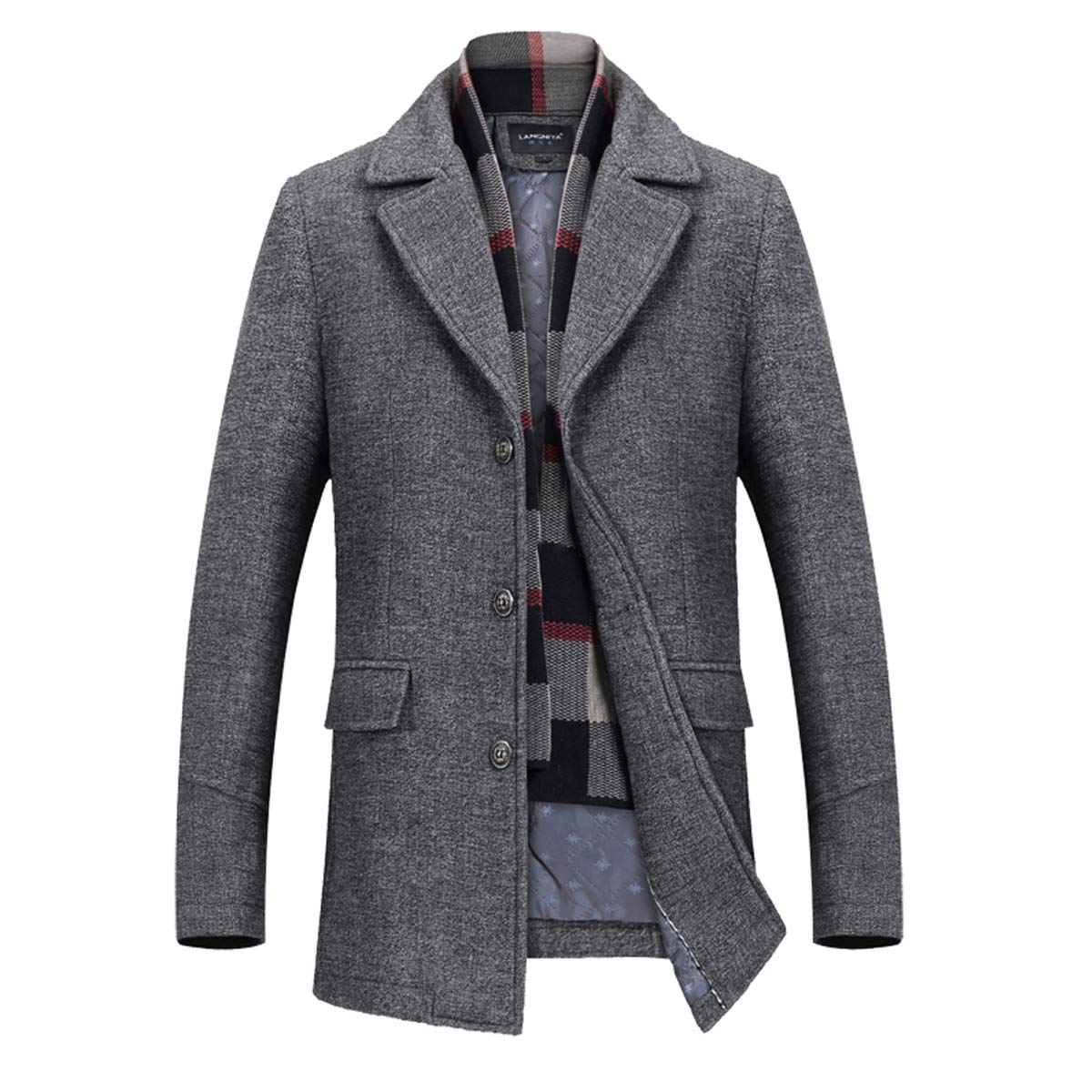 INVACHI Men's Wool Blend Pea Coat Warm Winter Trench Coat with Detachable Soft Scarf Single Breasted Overcoat