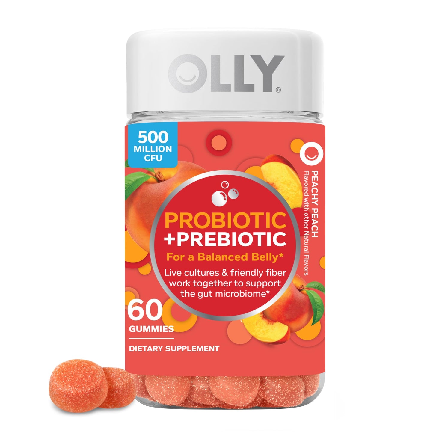 OLLY Probiotic + Prebiotic Gummy, Digestive Support and Gut Health, 500 Million CFUs, Fiber, Adult Chewable Supplement for Men and Women, Peach, 30 Day Supply - 30 Count