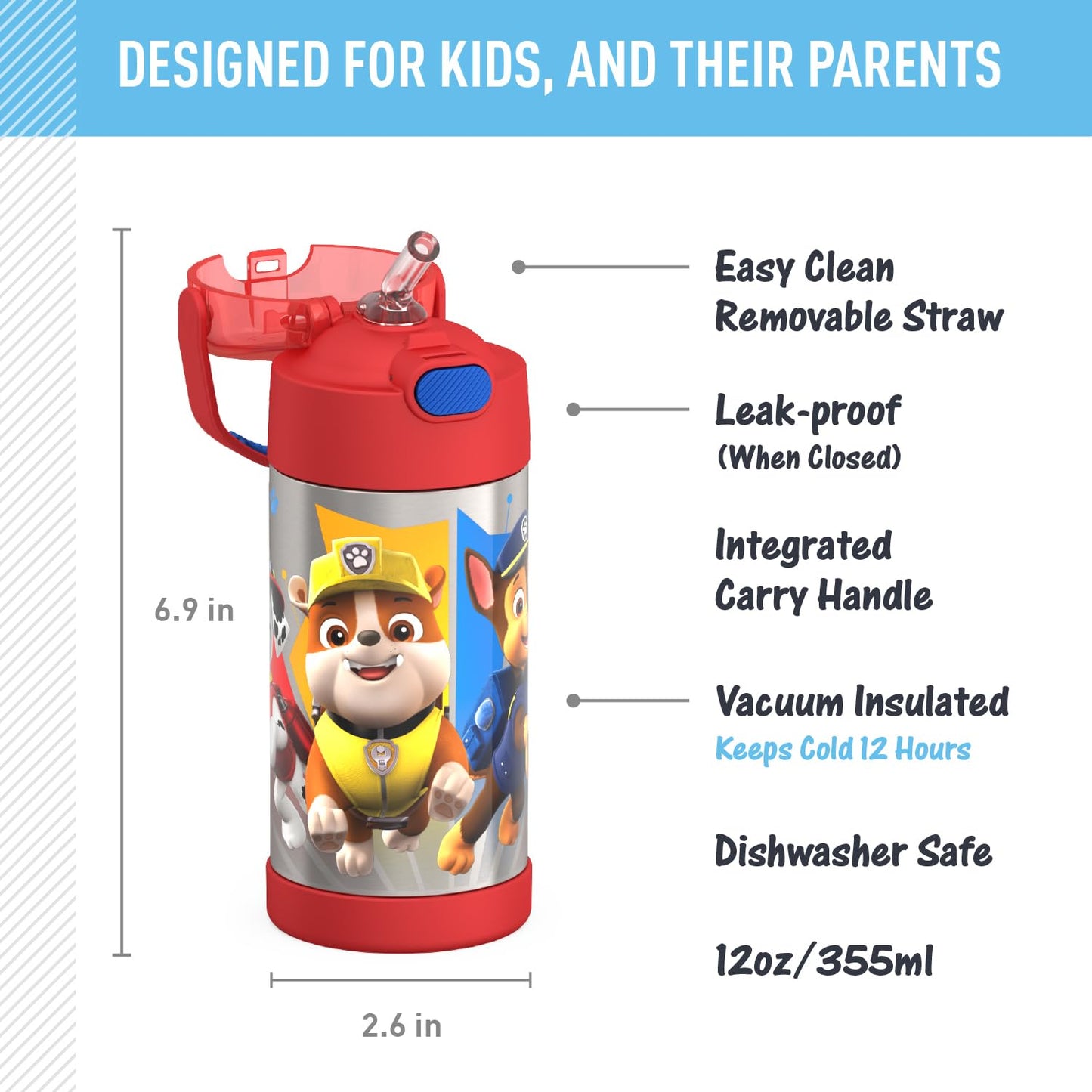 THERMOS FUNTAINER Water Bottle with Straw - 12 Ounce - Kids Stainless Steel Vacuum Insulated Water Bottle with Lid, Bluey