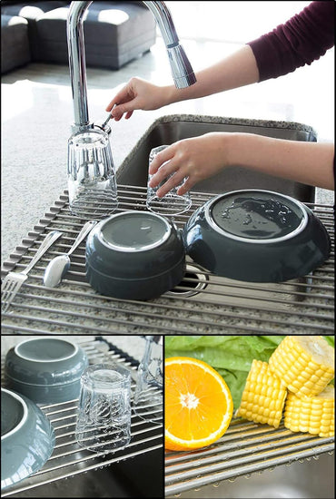 Tomorotec 17.7" x 15.5" Roll Up Dish Drying Rack Over Sink Drying Rack Sink Cover Kitchen Sink Accessories Gadget Multipurpose Organizer Foldable Stainless Steel Drainer (Grey)