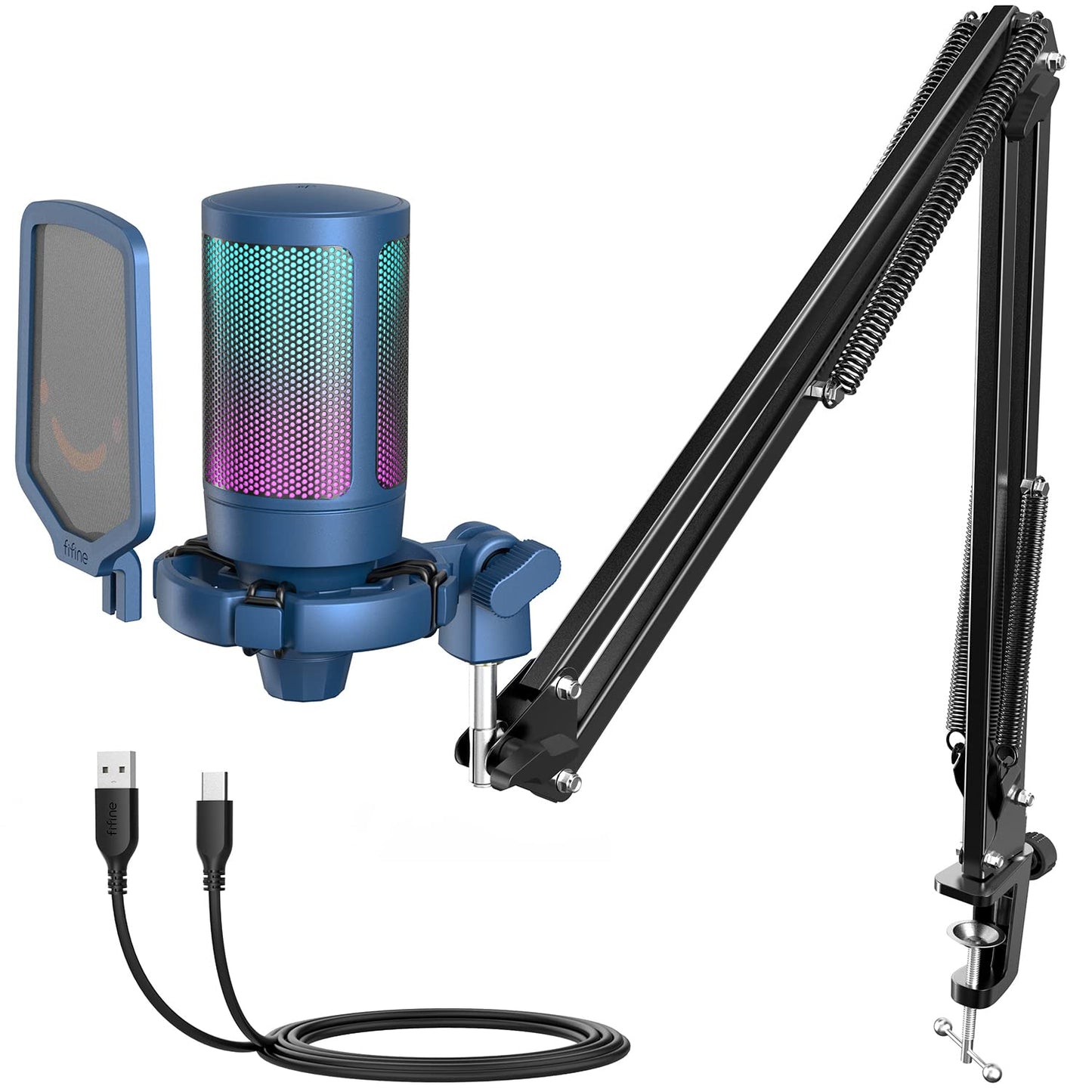 FIFINE Gaming PC USB Microphone, Podcast Condenser Mic with Boom Arm, Pop Filter, Mute Button for Streaming, Twitch, Online Chat, RGB Computer Mic for PC Gamer Youtuber-AmpliGame A6T