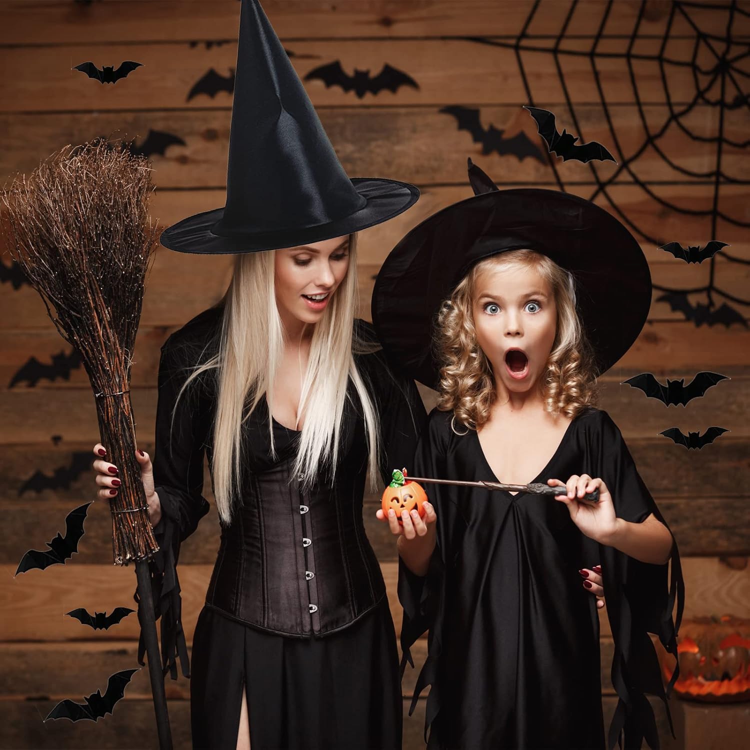 Witch Hat Decorations - 8PCS Black Hanging Witch Hats & 32PCS 3D Bats, Halloween Decor & Party Accessory for Indoor/Outdoor Use