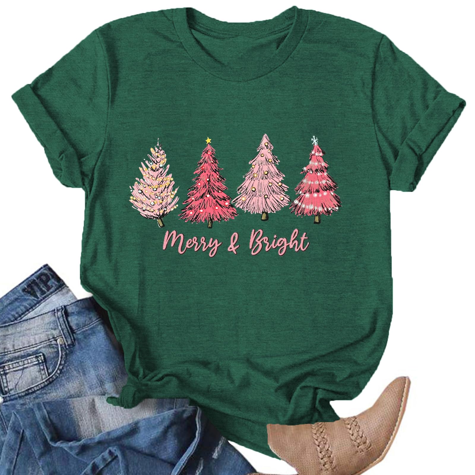 Christmas Shirts for Women:Merry Christmas T-Shirt Xmas Tree Casual Short Sleeve Tee Tops