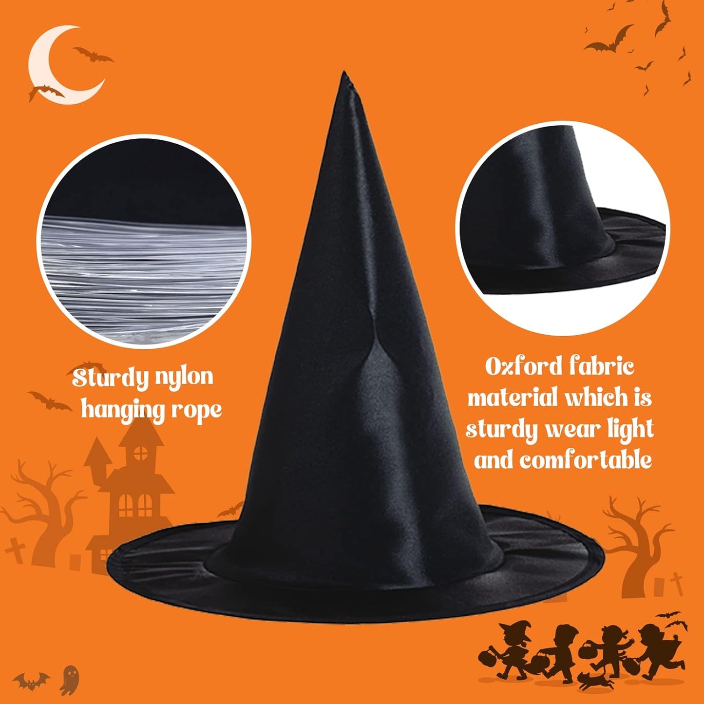 Witch Hat Decorations - 8PCS Black Hanging Witch Hats & 32PCS 3D Bats, Halloween Decor & Party Accessory for Indoor/Outdoor Use
