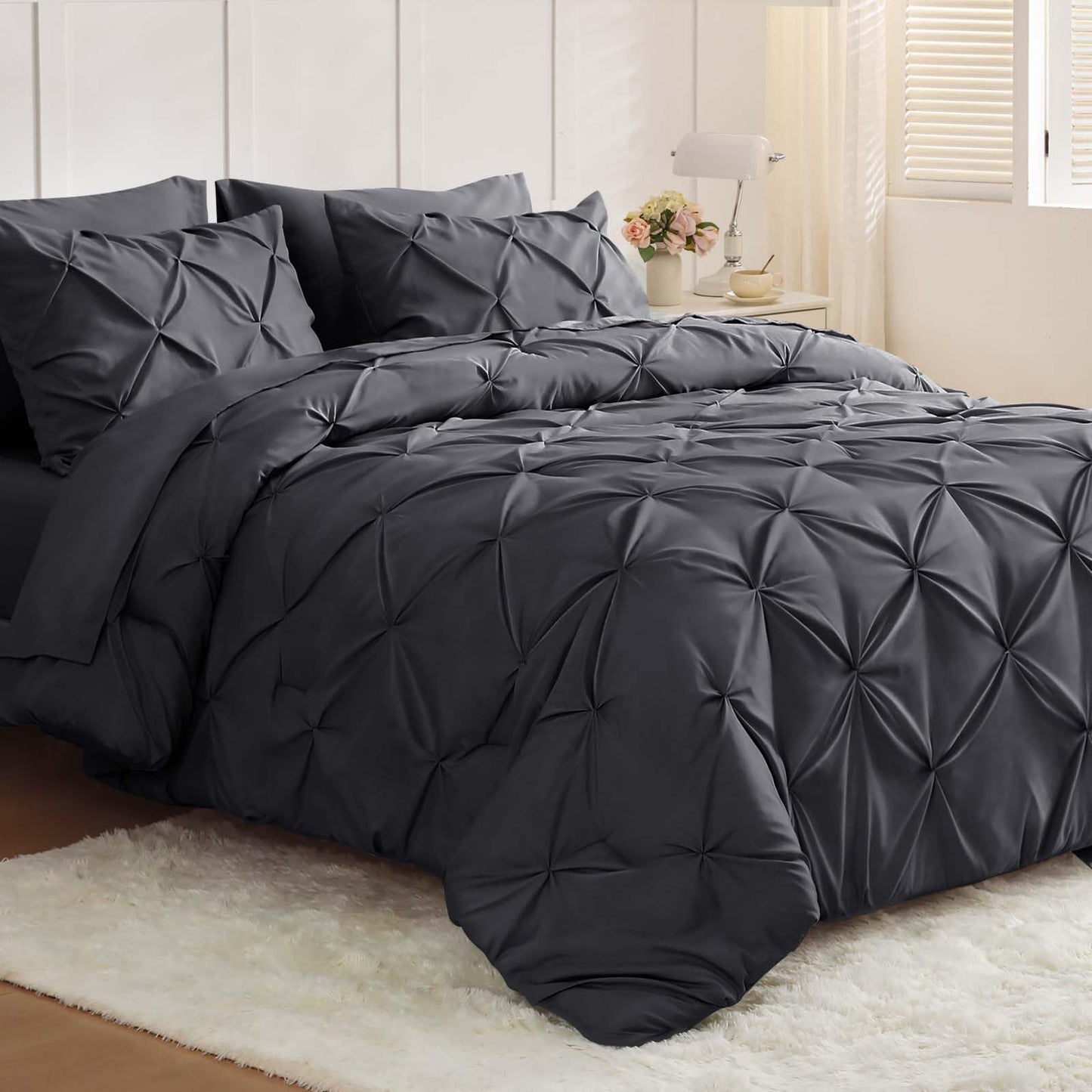JOLLYVOGUE Queen Comforter Set 7 Pieces - Bed in a Bag Queen for All Season, Pintuck Bedding Comforter Sets with Comforter, Flat Sheet, Fitted Sheet and Pillowcases & Shams, Black