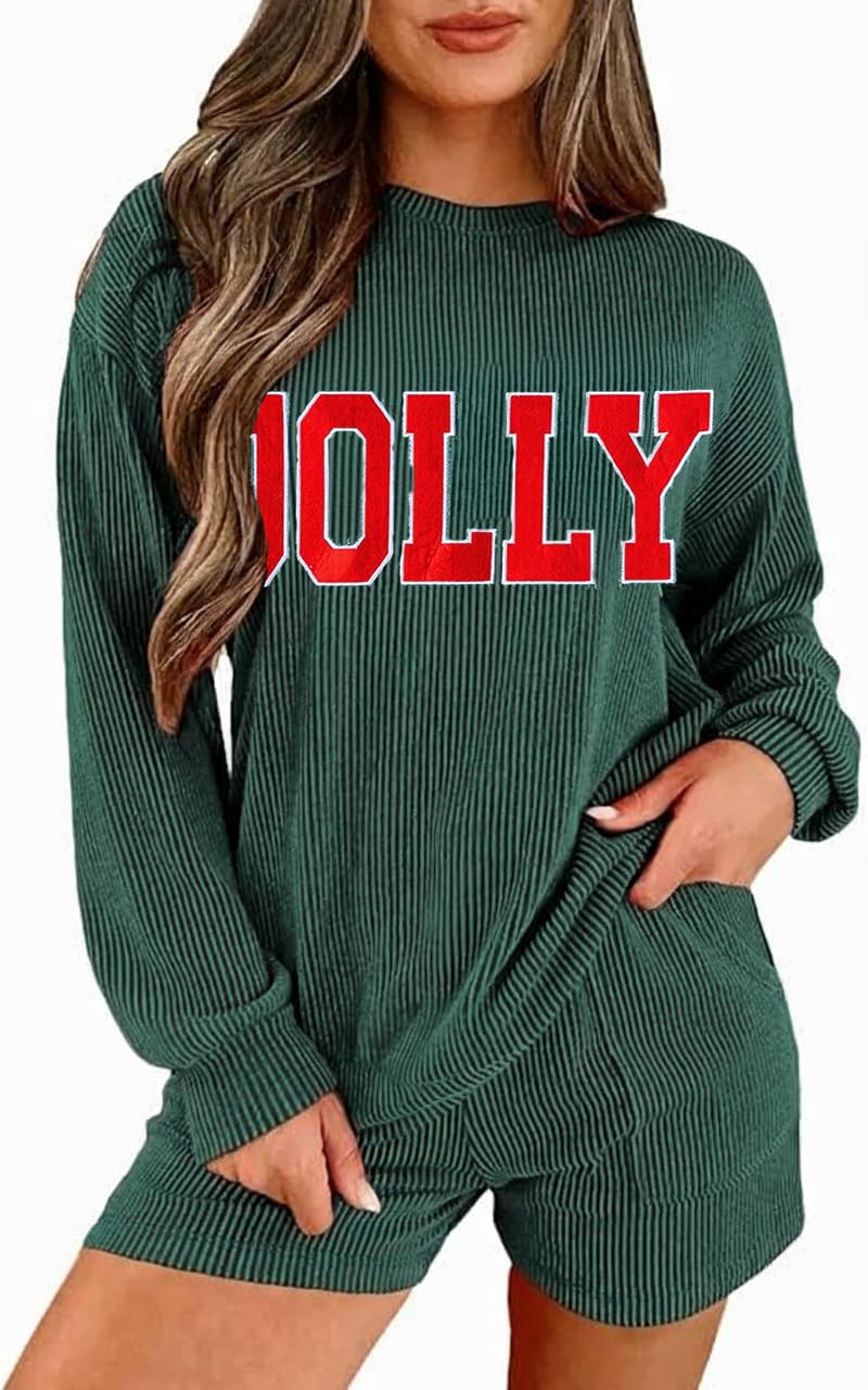 Womens Ribbed Pajama Sets Long Sleeve Top and Shorts Matching Lounge Set Loungewear Sweatsuit with Pockets