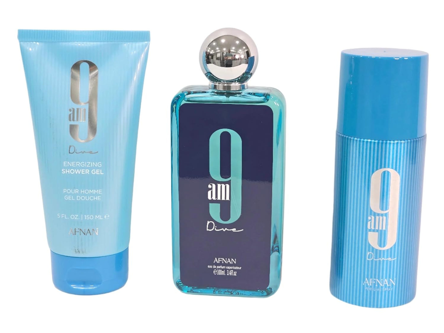 Afnan 9 Am Dive 3-Piece Set for Unisex, (3.4 Oz Eau De Parfum Spray + 5.0 Oz Shower Gel + 5.0 Oz Deodorant)