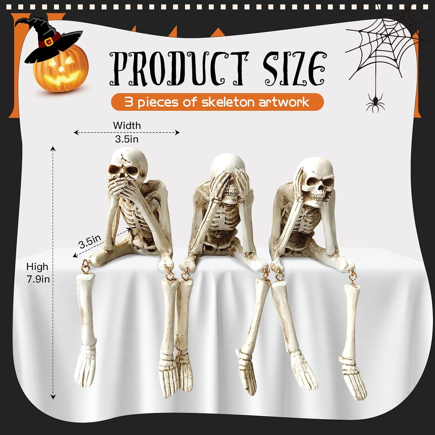 Halloween Skeleton Statues Set of 3 – See No Evil, Hear No Evil, Speak No Evil, Resin Skull Figurines for Gothic Home Decorations, Shelf Mantel Decor, Tabletop Halloween Decor Indoor (3-Piece Set)