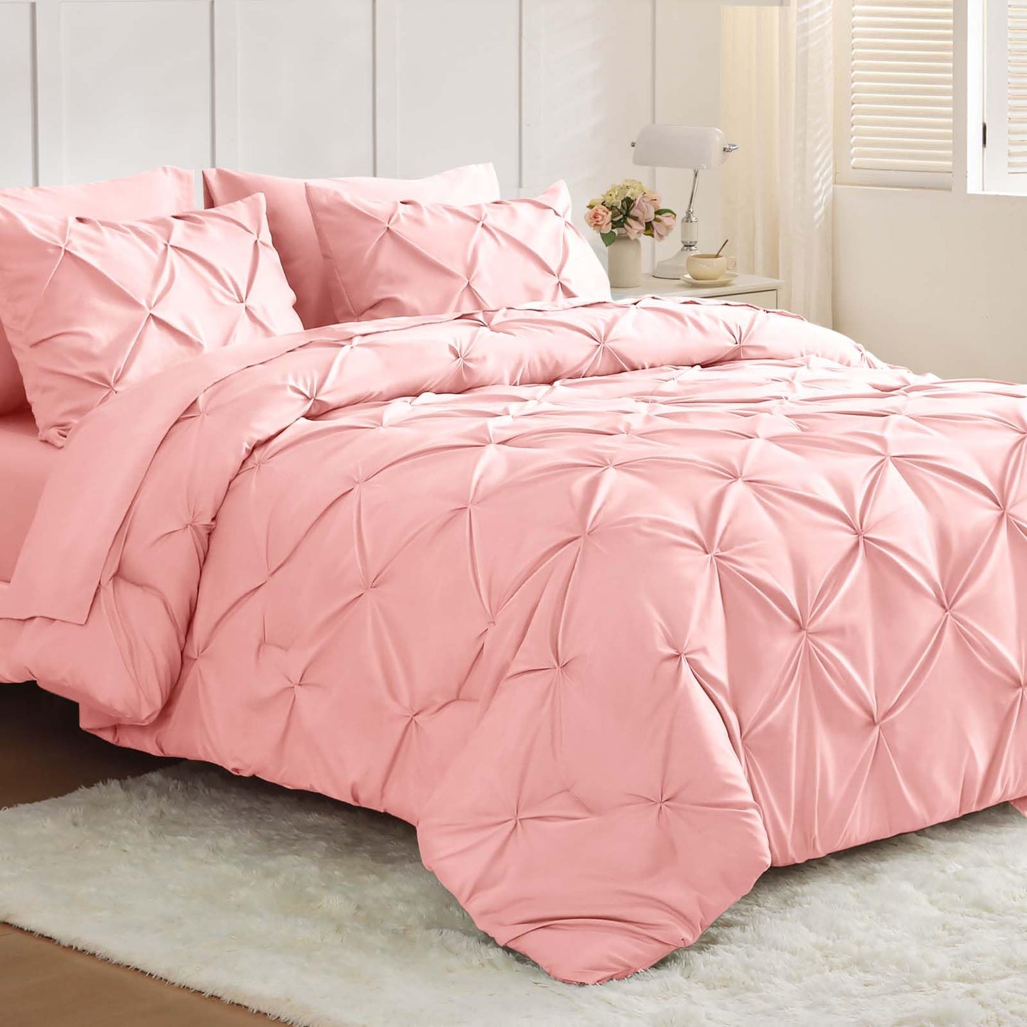 JOLLYVOGUE Queen Comforter Set 7 Pieces - Bed in a Bag Queen for All Season, Pintuck Bedding Comforter Sets with Comforter, Flat Sheet, Fitted Sheet and Pillowcases & Shams, Black
