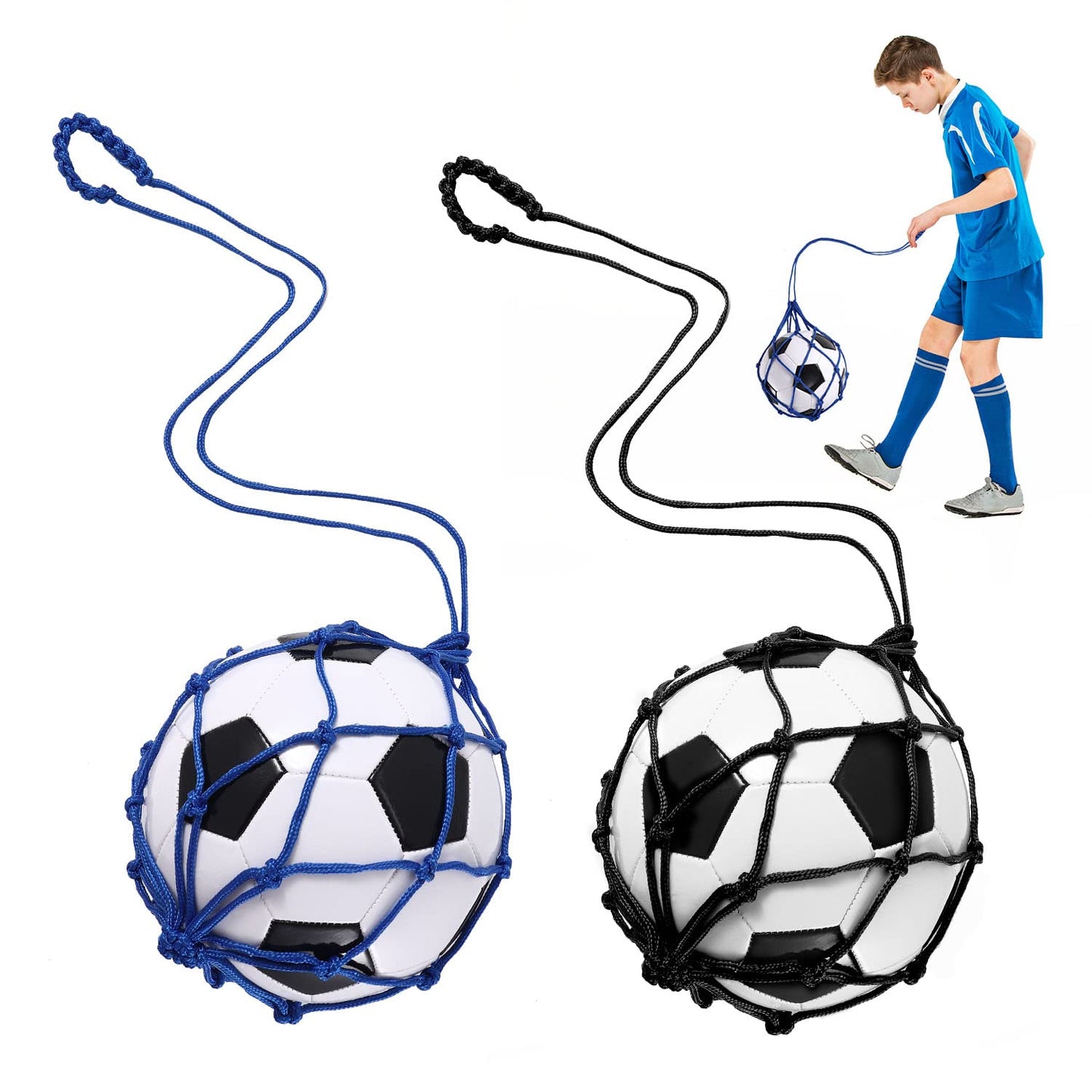 TOBWOLF 2PCS Football Kick Trainer, Soccer Return Trainer Net Fits Ball Size 3, 4, 5, Hands-Free Football Kick Throw Solo Practice Training Aid, Adjustable Waist Belt Soccer Ball Trainer Net