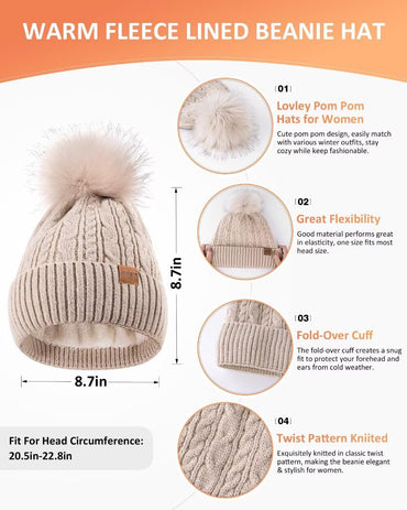 Winter Beanie Hat Scarf Gloves Set for Women, Pom Pom Beanie Fleece Lined Knit Neck Warmer Touchscreen Gloves 3 in 1 Gift Set