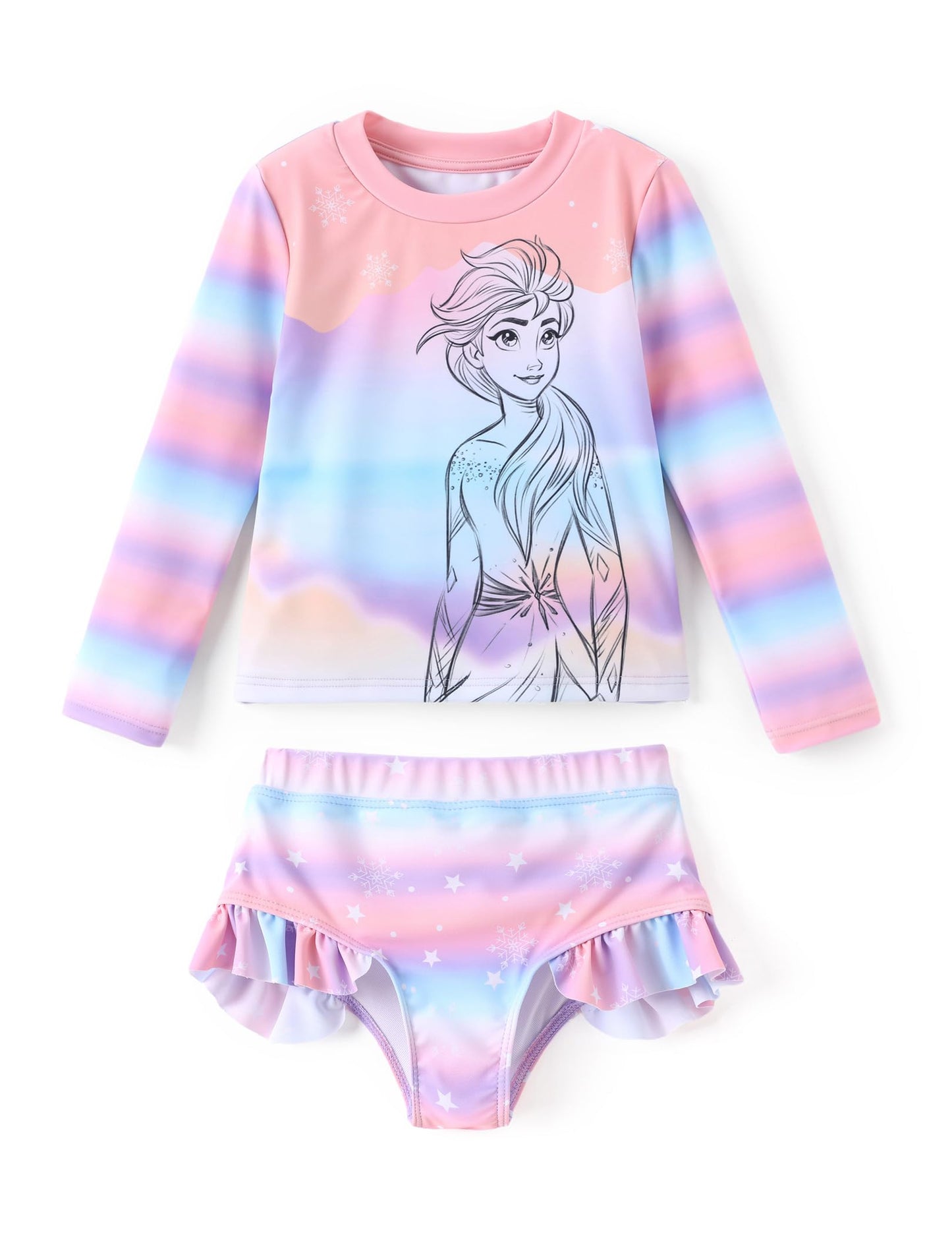 Disney Mickey and Friends Girl Two Piece Long Sleeve Swimsuit Rashguard Bathing Suit