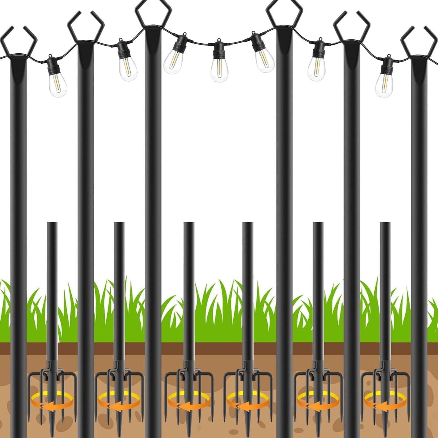 6 Pack String Light Poles, Outdoor String Light Pole 10 ft Forked Metal Light Pole with Adjustable Outdoor Light Stand, Deck, Backyard, Garden, Wedding, Rustproof and Sturdy with Hooks