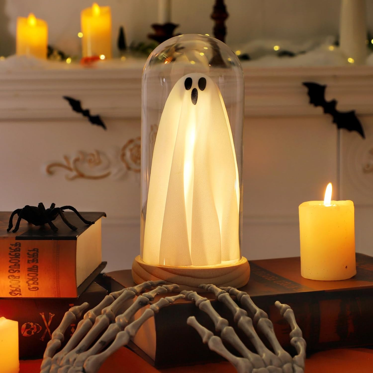 Halloween Ghost Decor Light – Light Up Ghost in Glass Cloche with Wood Base, Cute Indoor Halloween Decoration for Table, Shelf, Fireplace – Spooky Room Decor (1 Pack)