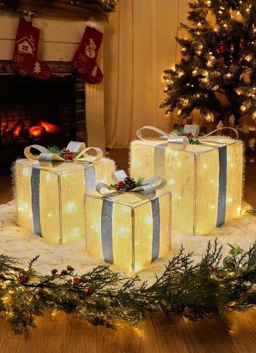 Brightown 3 Pieces Lighted Gift Boxes Outdoor Christmas Decorations, 12" 10" 8" with 60 Pre-Lit Mini String Lights,Foldable LED Boxes with Bows for Tree Indoor Outdoor Party Yard Home Decor