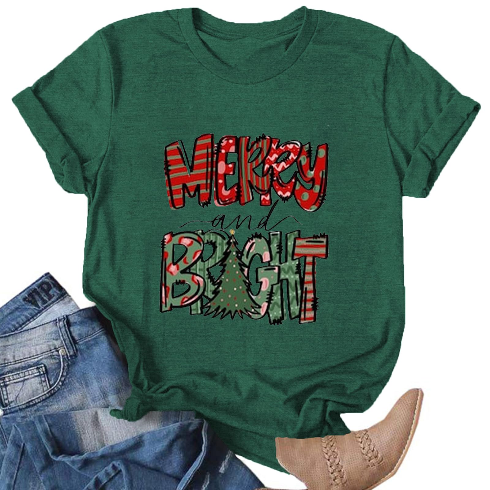 Christmas Shirts for Women:Merry Christmas T-Shirt Xmas Tree Casual Short Sleeve Tee Tops