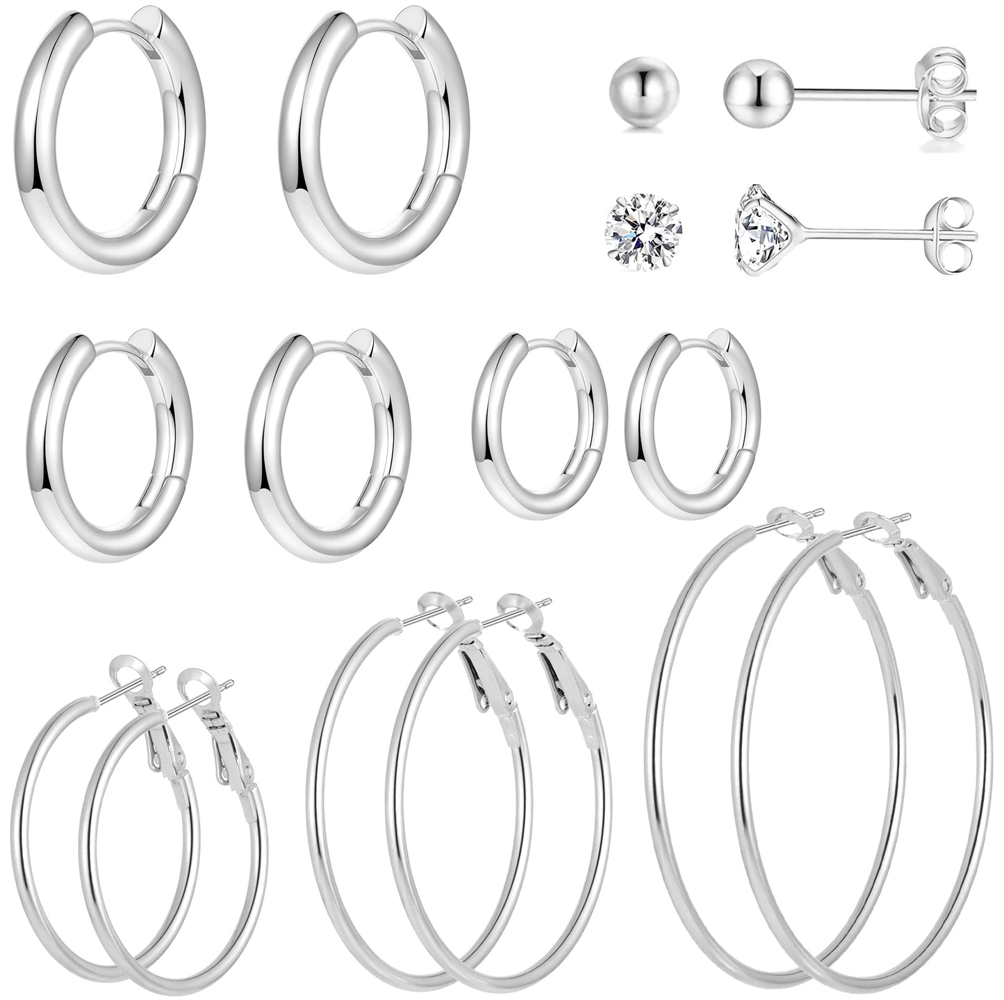Stainless Steel Gold/Silver Plated Hoop Earrings for Women, Hypoallergenic 14k Gold Hoops Huggie Earrings Lightweight Cartilage Small CZ Ball Flatback Studs Earring Pack for Multiple Piercing