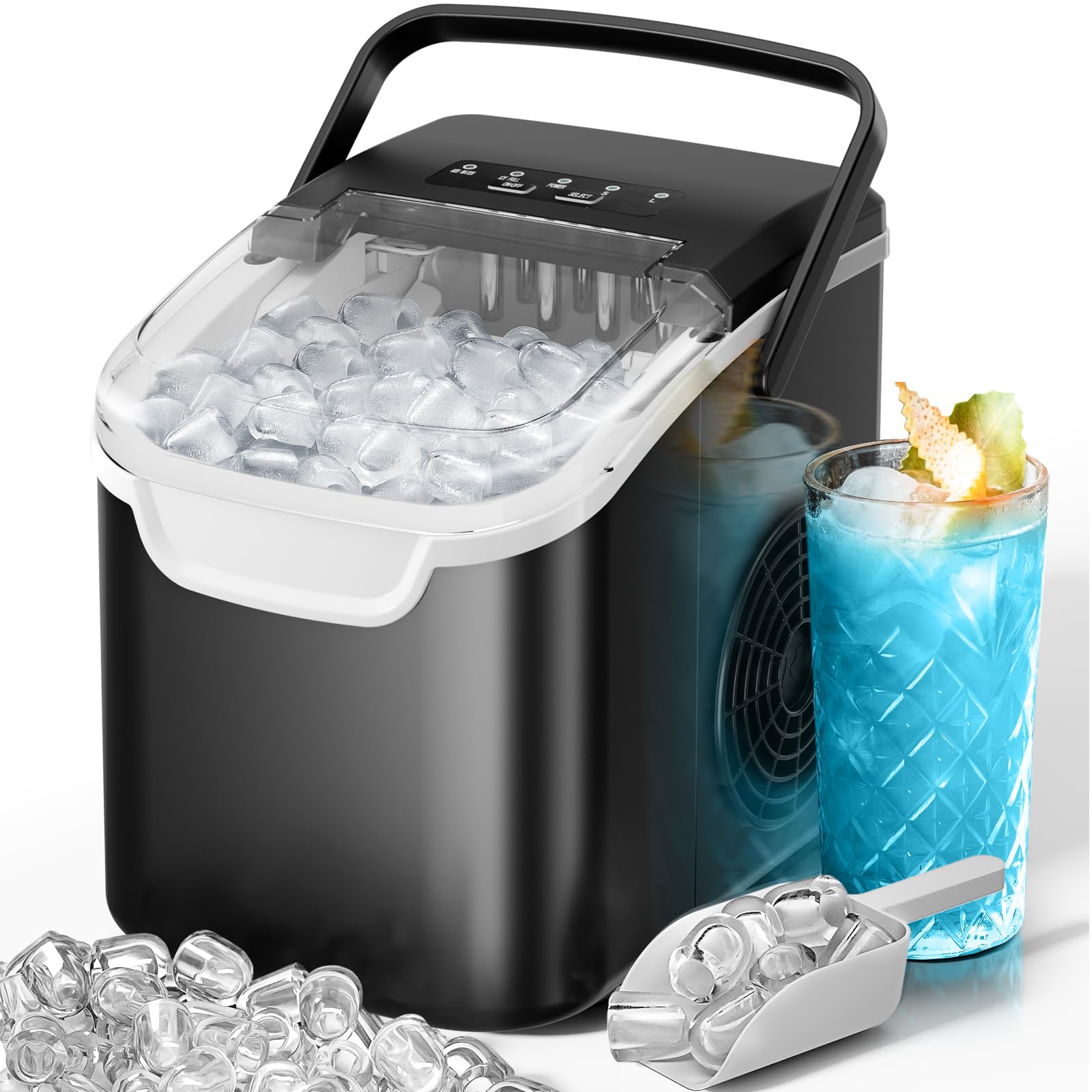 Kismile Ice Makers Countertop with Carry Handle,8 Cubes in 6 Mins,26Lbs/Day,2 Size of Bullet Ice,Portable Ice Maker Machine with Self-Cleaning for Home/Office(Black)