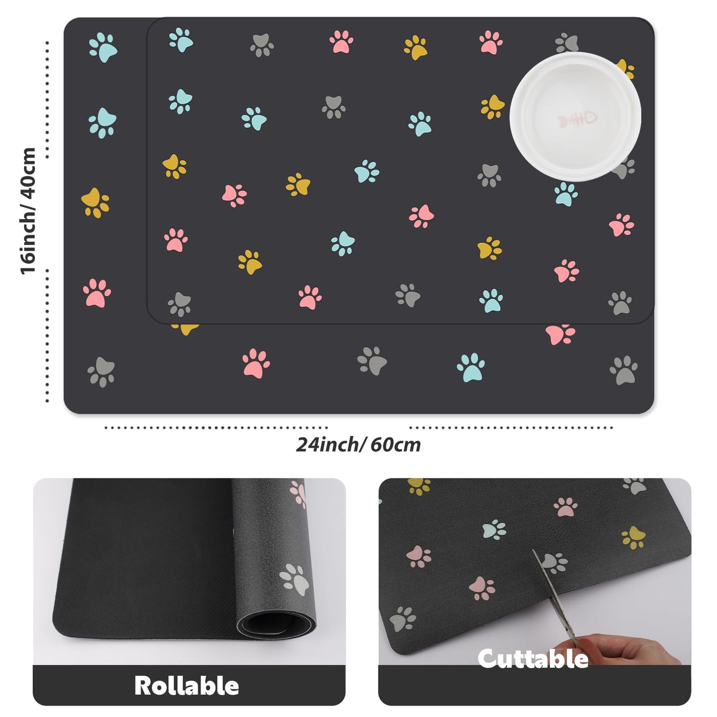 Absorbent Pet Feeding Mat for Food and Water No Stains Quick Dry Mat for Dog Cat Bowl, Dark Paw12x19 Inches