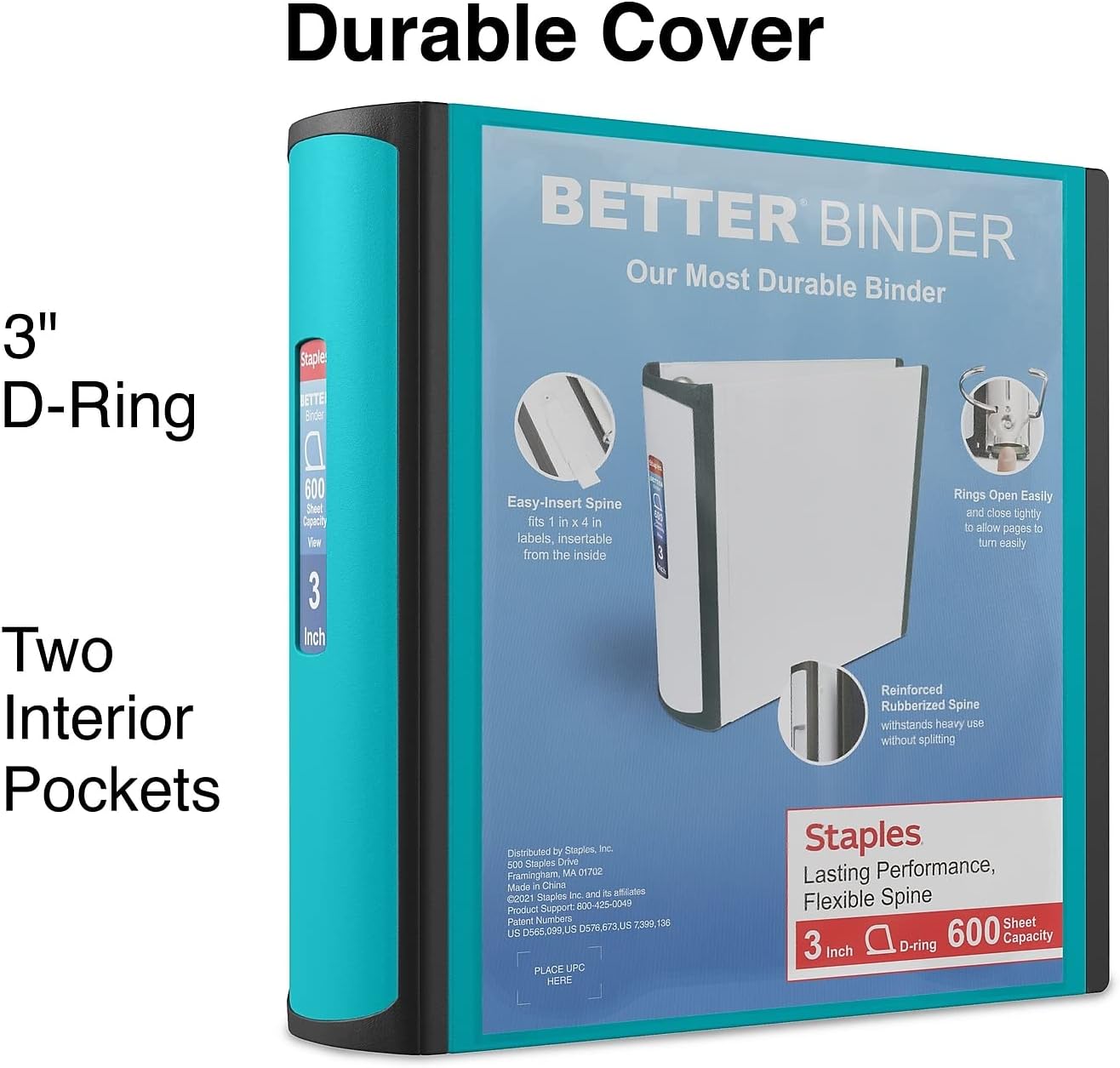 STAPLES 3 Inch BetterView Binder with D-Rings (Teal)