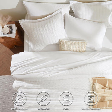 CozyLux Queen Comforter Set White Seersucker 7 Pieces Bed in a Bag Queen Comforter Set with Sheets, Luxury Soft Bedding Set with Down Alternative Comforter, Sheets, Pillowcases & Shams for All Seasons
