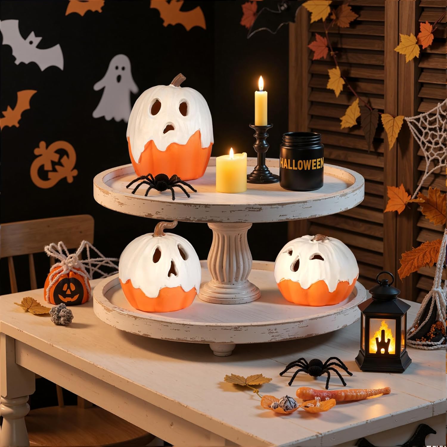Halloween Decorations,Light Up Ghost Pumpkin Decorations Set of 3,Cute Halloween Decor Indoor for Kitchen Tabletop Mantel Party Home Decor