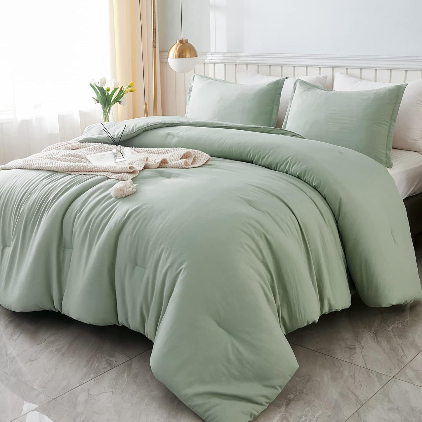 Litanika Queen Comforter Set Sage Green, 3 Pieces Lightweight Comforters Queen Size Solid Bedding Comforters Sets, Down Alternative Comforter Bed Set Quilt Blanket