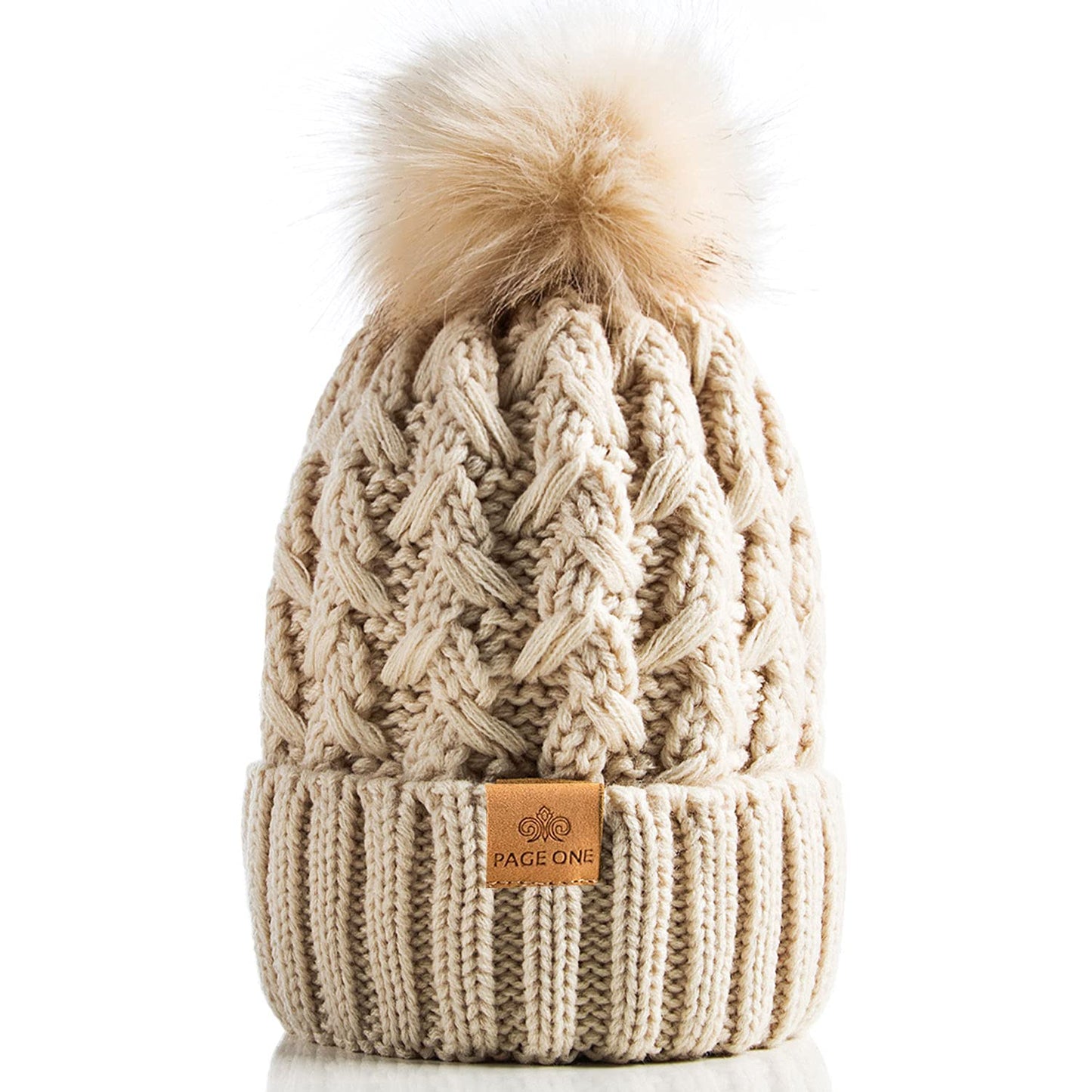 PAGE ONE Womens Winter Ribbed Beanie Crossed Cap Chunky Cable Knit Pompom Soft Warm Hat
