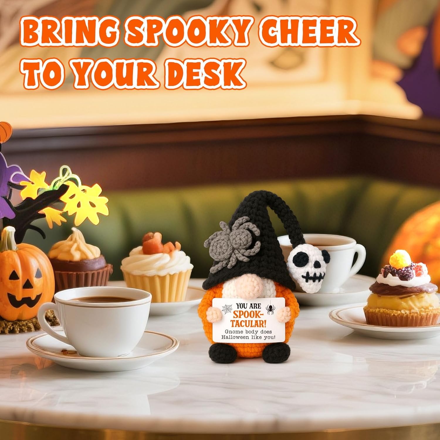 Halloween Gnomes Boo Basket Stuffer Gifts for Women Men Him, Mini Gnome with Skull Spider Halloween Treats Non Candy Gift for Friends Teacher Teen Girls Coworkers, Crochet Basket Ghost Office Decor
