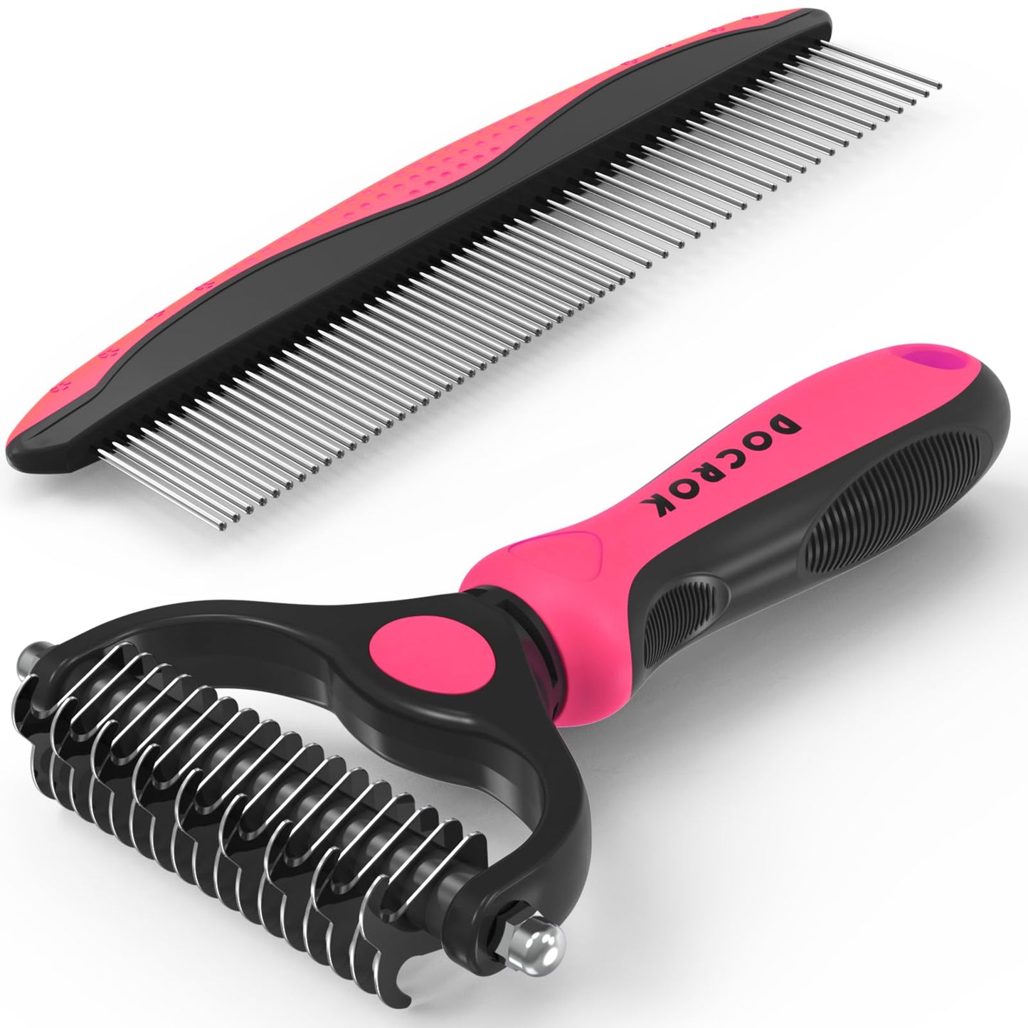 Pet Grooming Combo - Blue Deshedding Brush with Metal Comb for Detangling and Dematting Long, Matted Fur on Cats and Dogs
