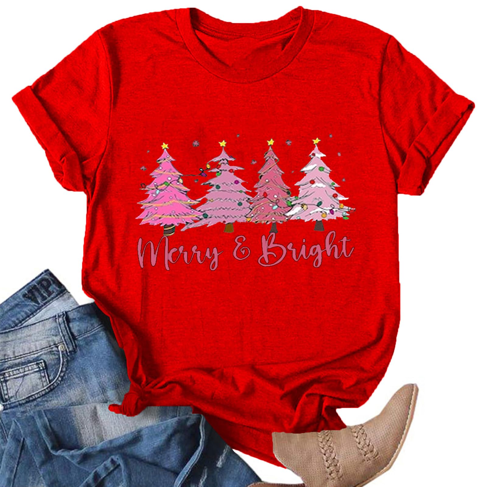 Christmas Shirts for Women:Merry Christmas T-Shirt Xmas Tree Casual Short Sleeve Tee Tops