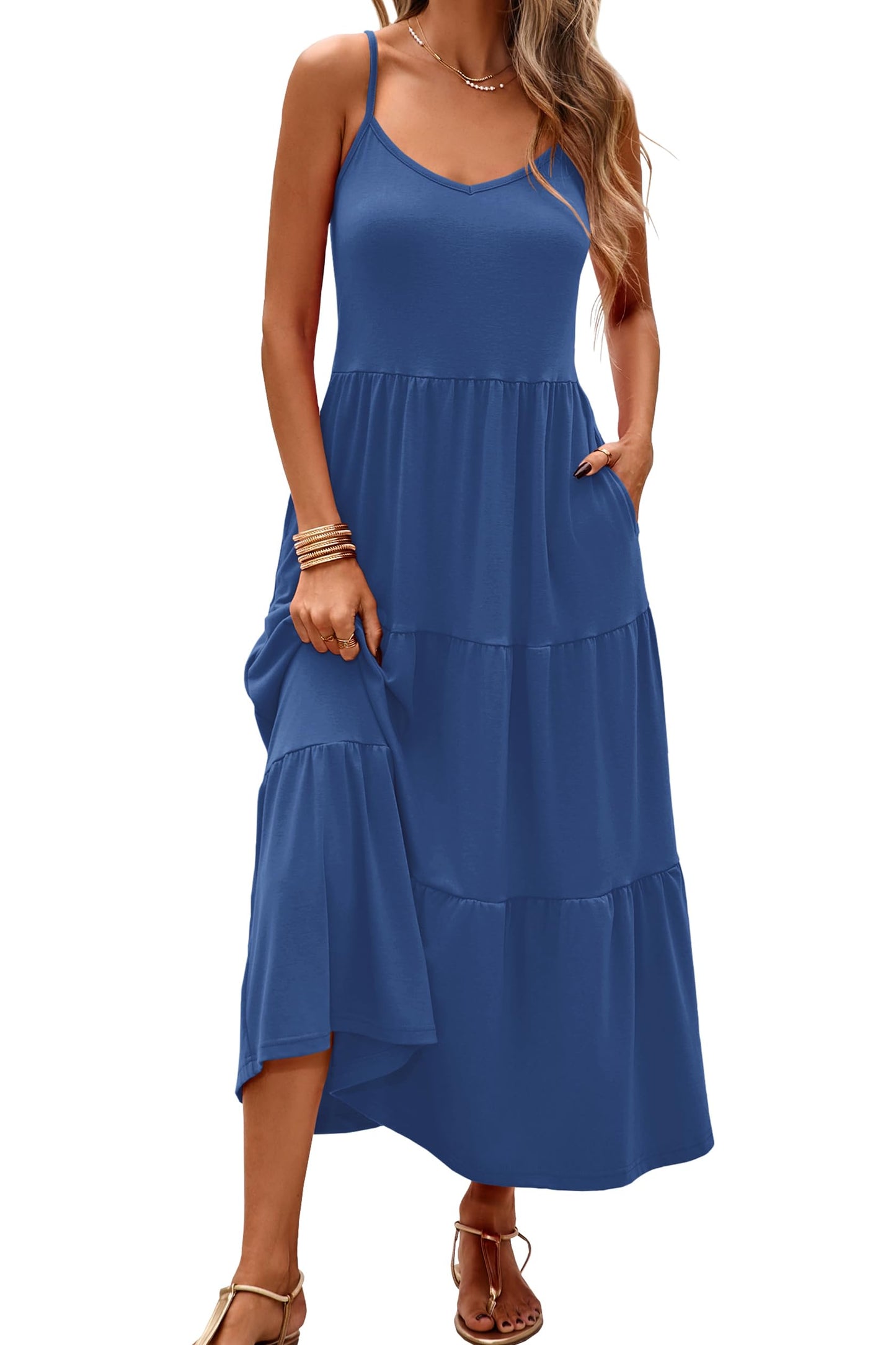 Halife Womens Flowy Tiered Maxi Dress Sleeveless Summer Sundresses Adjustable Straps Long Beach Sun Dresses with Pockets