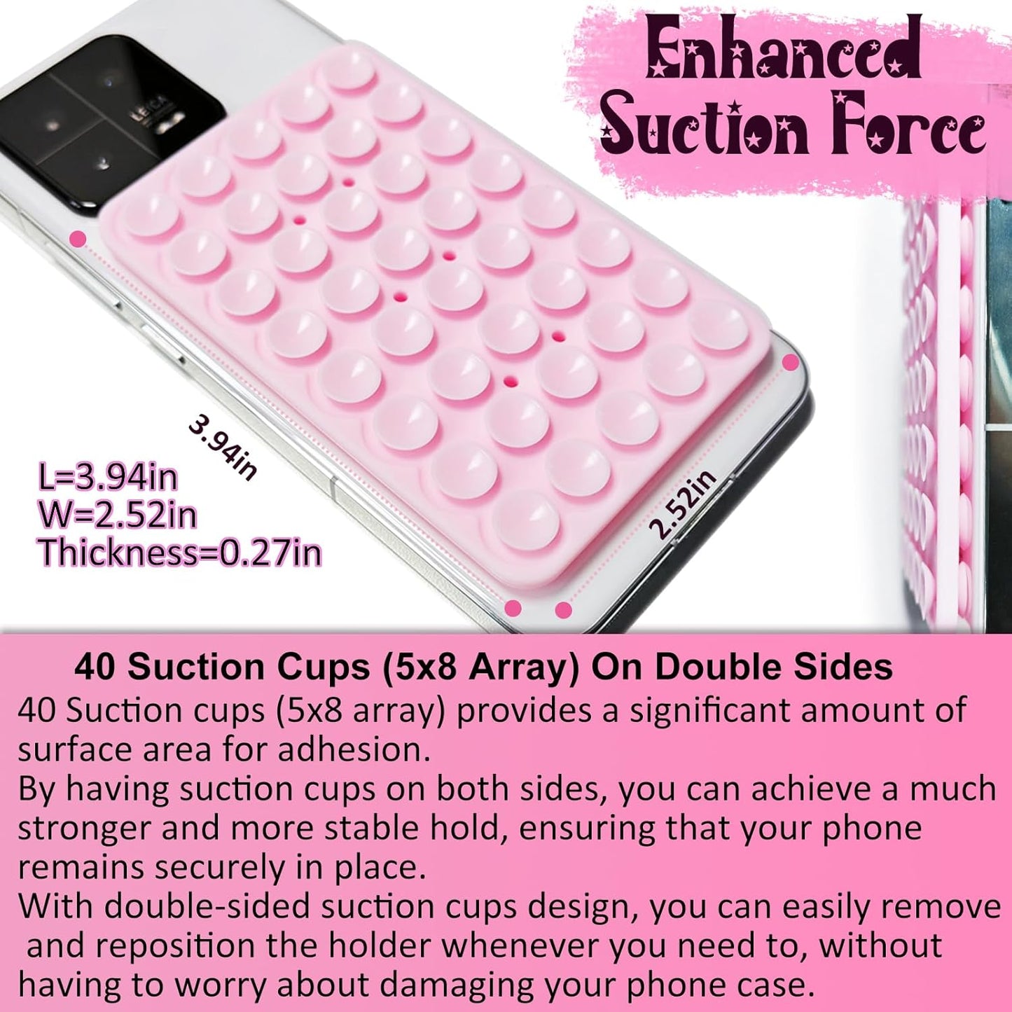 2 Pack Double Sided Silicone Suction Cup Phone Case Mount, Hands-Free Strong Grip Silicon Phone Holder for Selfies and Videos, Non Slip Phone Accessories (LightPink&Translucent)
