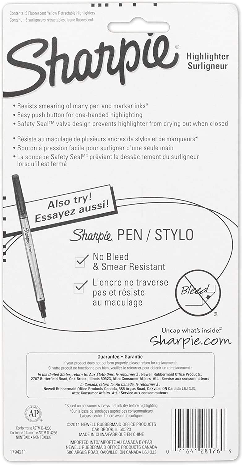 SHARPIE 1740822 Accent Retractable Highlighter, Chisel Tip, Fluorescent Yellow, 5-Count