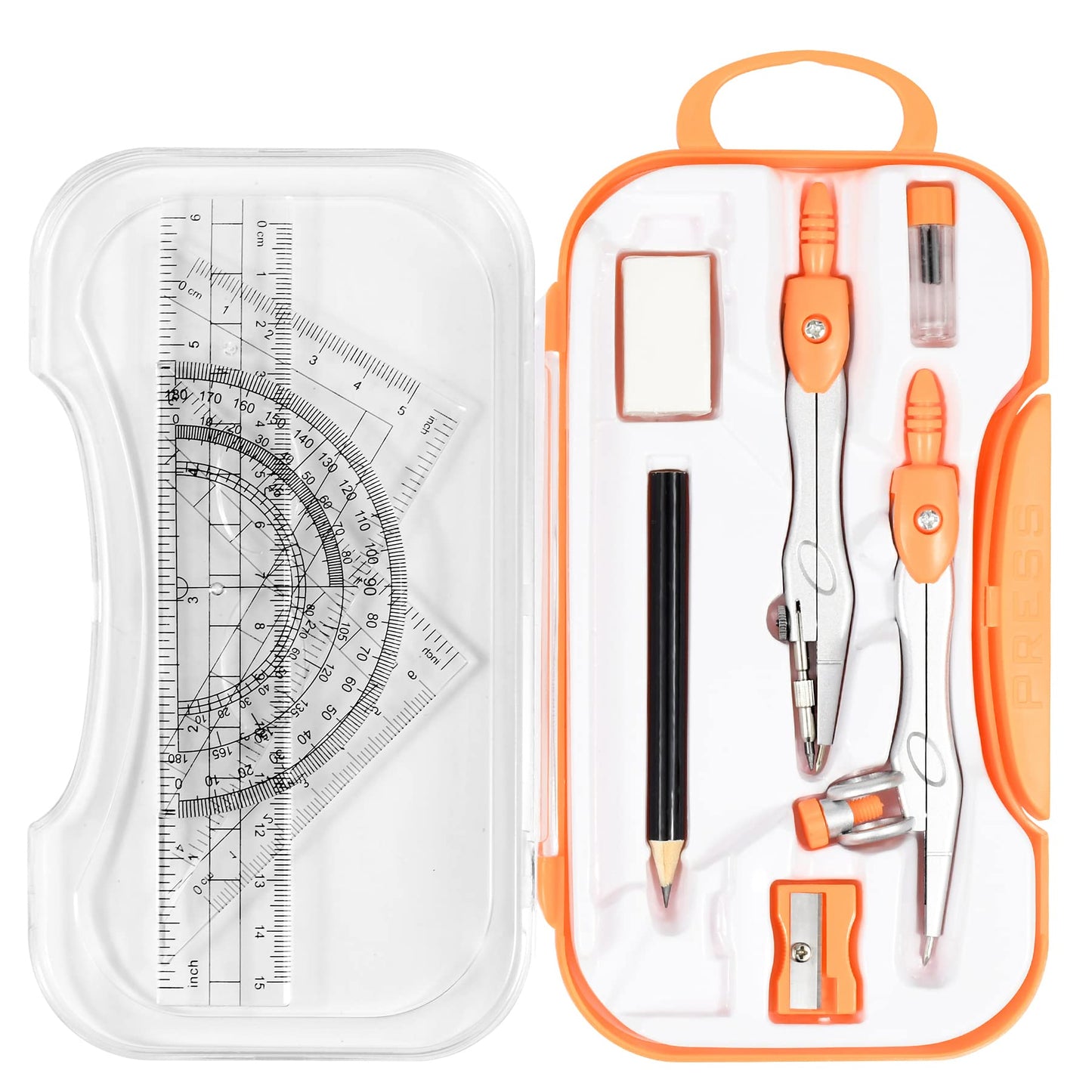 Math Geometry Kit Sets 10 Piece Student Supplies with Shatterproof Storage Box,Includes Rulers,Protractor,Compass,Eraser,Pencil Sharpener,Lead Refills,Pencil,for Drafting and Drawings(Green)