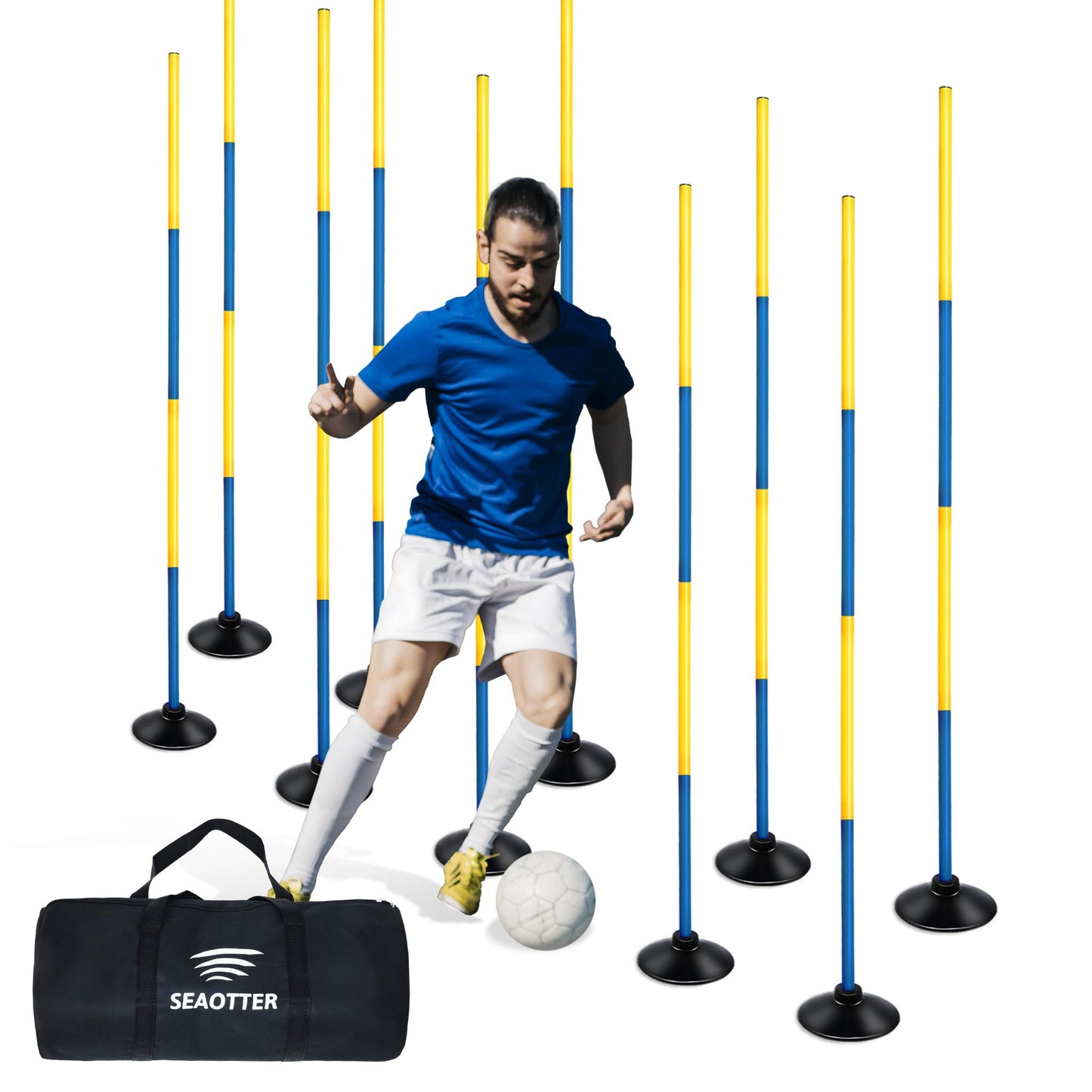 SEAOTTER Soccer Agility Poles Set, 4/6/10 Pcs 6ft Detachable Sports Trainning Speed Poles Slalom Poles with Rubber Base, Agility Training Equipment for Football, Rugby, Basketball, Indoor & Outdoor