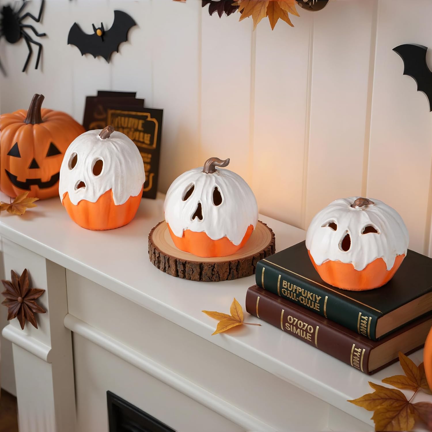 Halloween Decorations,Light Up Ghost Pumpkin Decorations Set of 3,Cute Halloween Decor Indoor for Kitchen Tabletop Mantel Party Home Decor